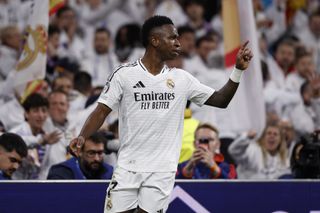 Vinícius Júnior celebrates after scoring his second goal for Real Madrid against RB Salzburg in the Champions League in January 2025.