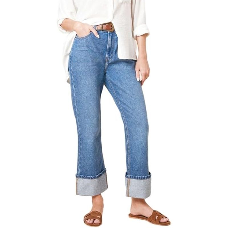 Dorothy Perkins Straight Jean With Turn Up, 12, Mid Wash