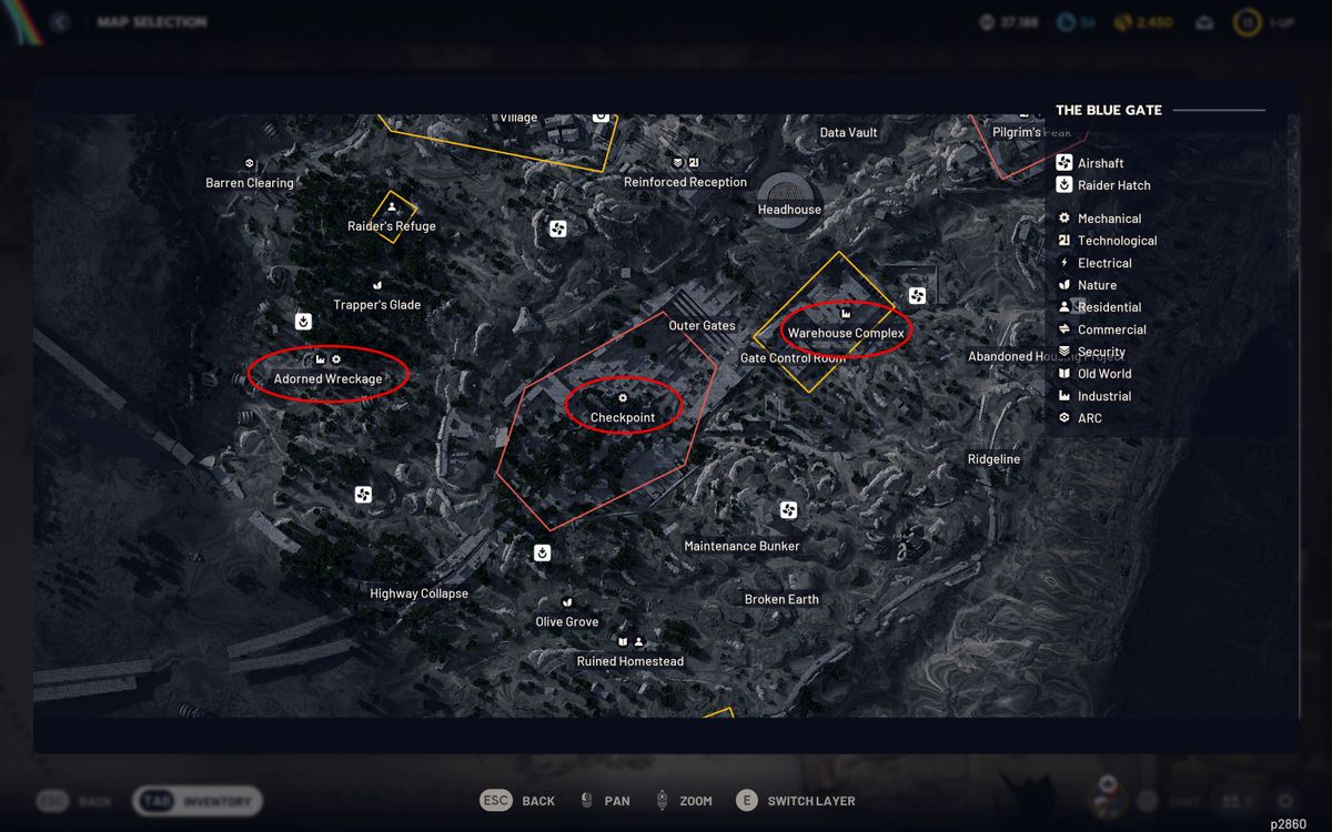 Arc Raiders Rusted Tool locations: A map of Blue Gate with three red ovals showing where to find Rusted Tools.