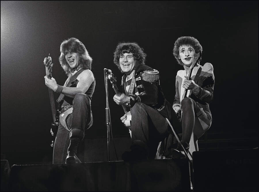 The Sensational Alex Harvey Band - (l-r) Chris Glen, Alex Harvey and Zal Cleminson performing at Reading Festival, Reading, UK August 1976