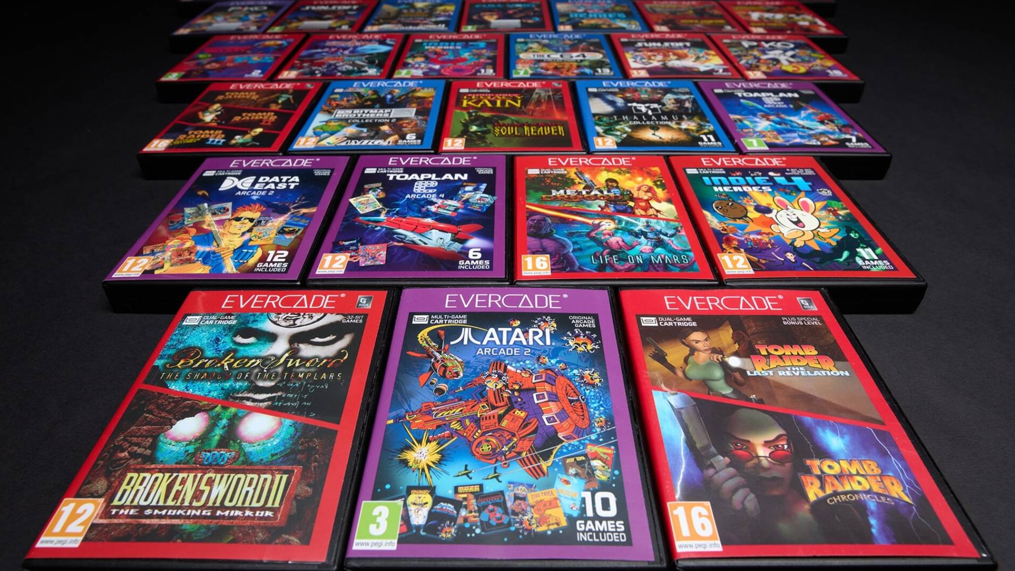 Evercade cartridge library laid out on a table