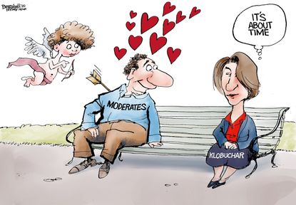 Political Cartoon U.S. Amy Klobuchar Valentines Day Cupid 2020 presidential election democratic voters moderates
