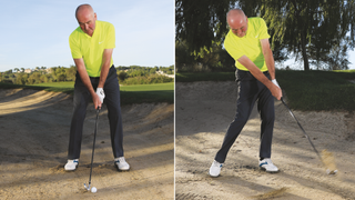 Golf pro Keith Williams demonstrates how to play a fairway bunker shot with a squeeze strike