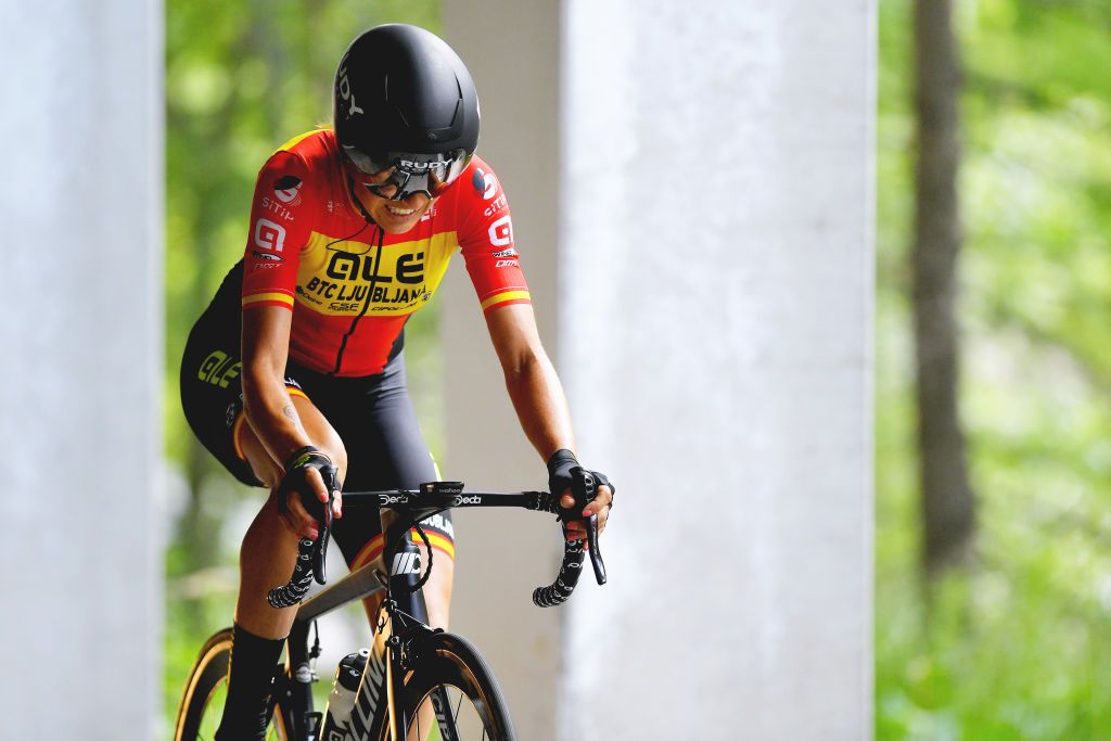 CASCATE DEL TOCE ITALY JULY 05 Margarita Victoria Garcia Caellas of Spain and Team Ale Btc Ljubljana during the 32nd Giro dItalia Internazionale Femminile 2021 Stage 4 a 112km Individual Time Trial from Fondovalle to Cascate Del Toce 1714m ITT GiroDonne UCIWWT on July 05 2021 in Cascate Del Toce Italy Photo by Luc ClaessenGetty Images