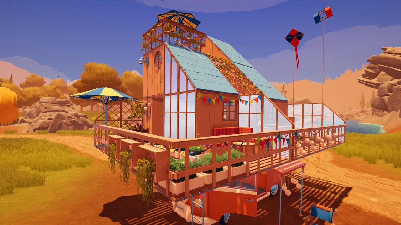 Outbound screenshots showing gameplay of a camper van with unique structures built upon it and dog companion mechanics.