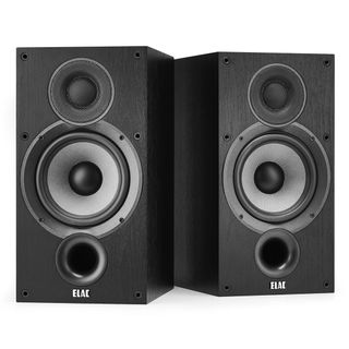 A pair of black Elac Debut 2.0 B6.2 speakers on a white background.