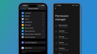 Two phones on a blue background showing the privacy settings in iOS and Android