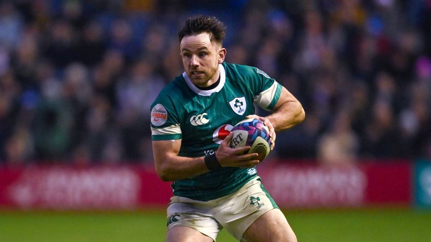 Hugo Keenan of Ireland protects the ball during the Guinness Six Nations 2025 Rugby Championship match between Scotland and Ireland 