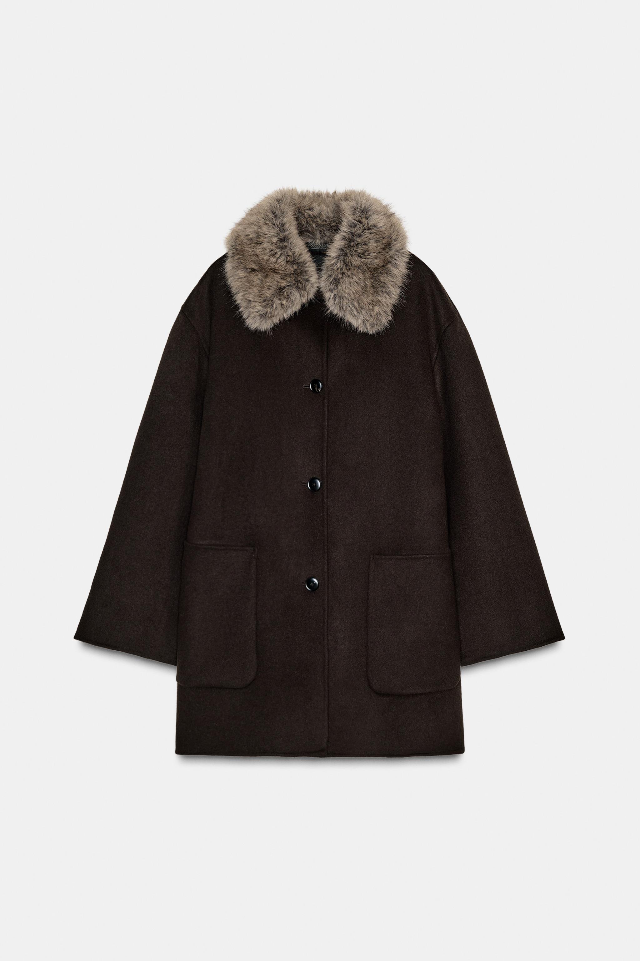 ZARA Wool Blend Coat With Faux Fur Collar Zw Collection