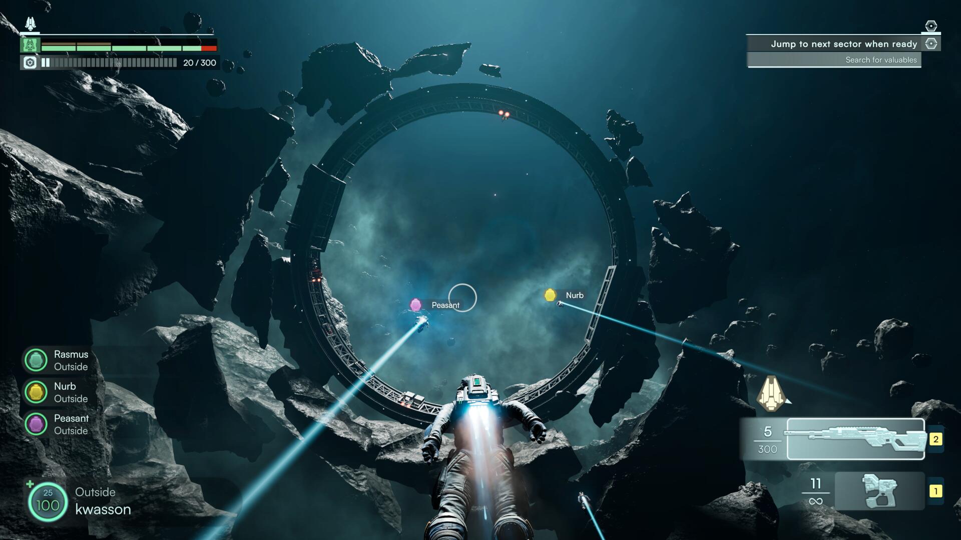 A player uses a jetpack to rocket towards a space sector gate in Jump Space
