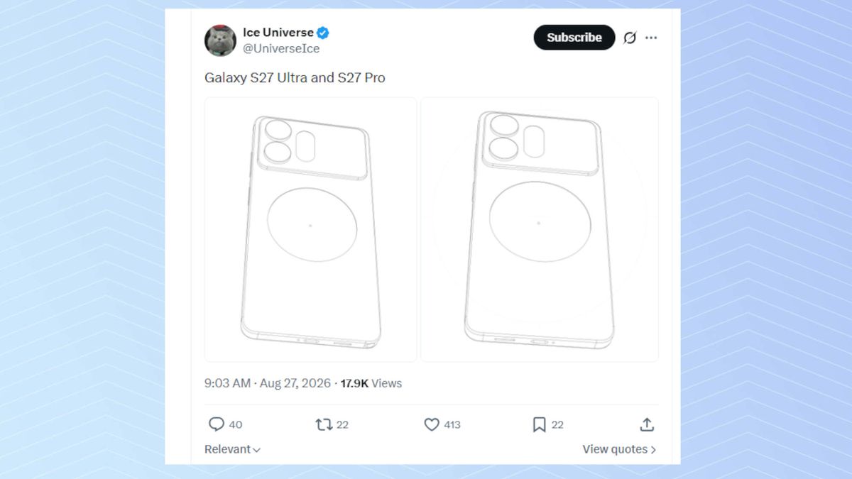 A leaked render allegedly showing the Galaxy S27 Ultra and S27 Pro