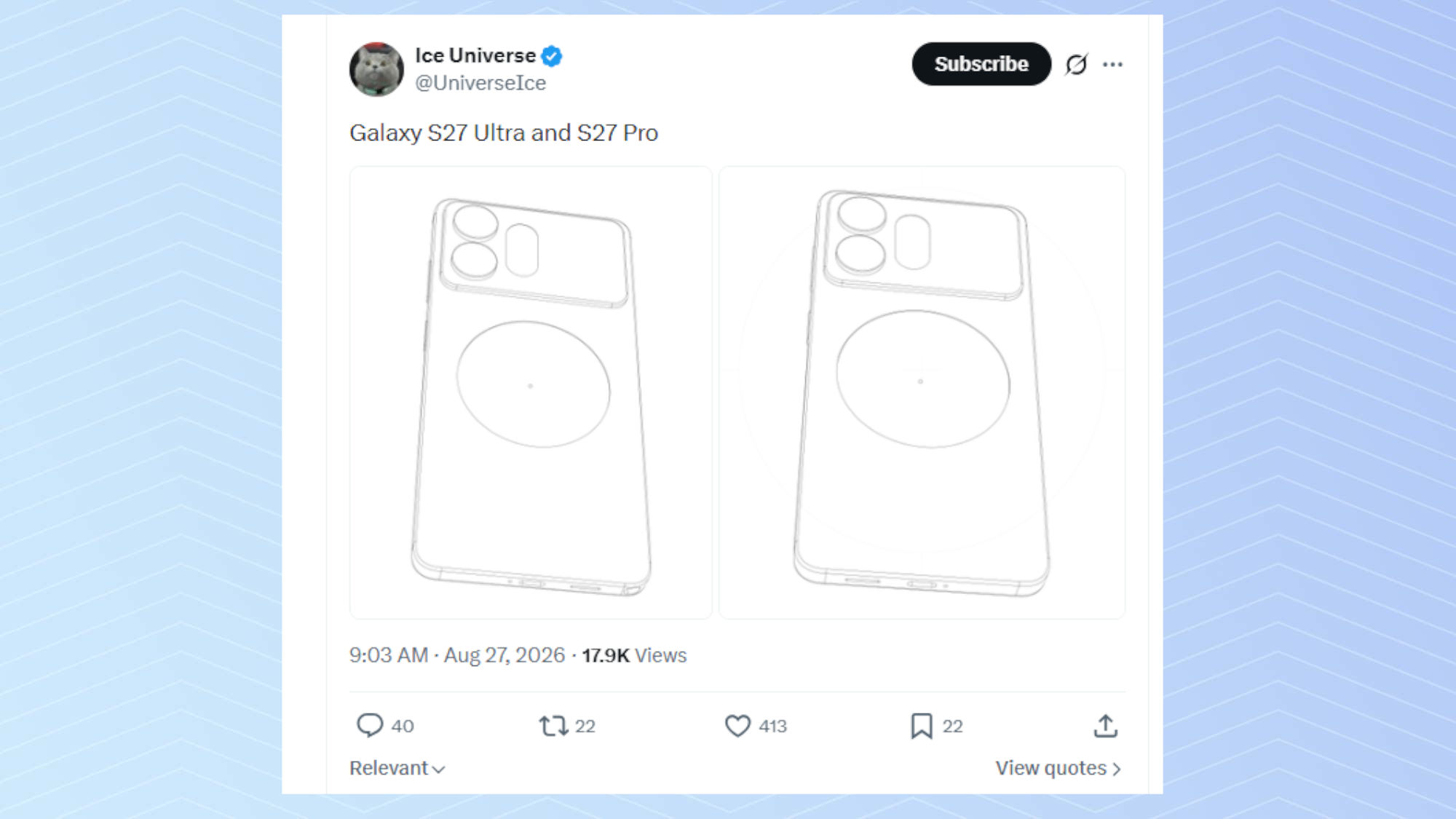 A leaked render allegedly showing the Galaxy S27 Ultra and S27 Pro