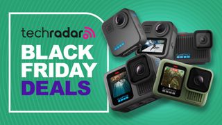 Collection of GoPro action cameras on a green backdrop with black friday deals text overlay
