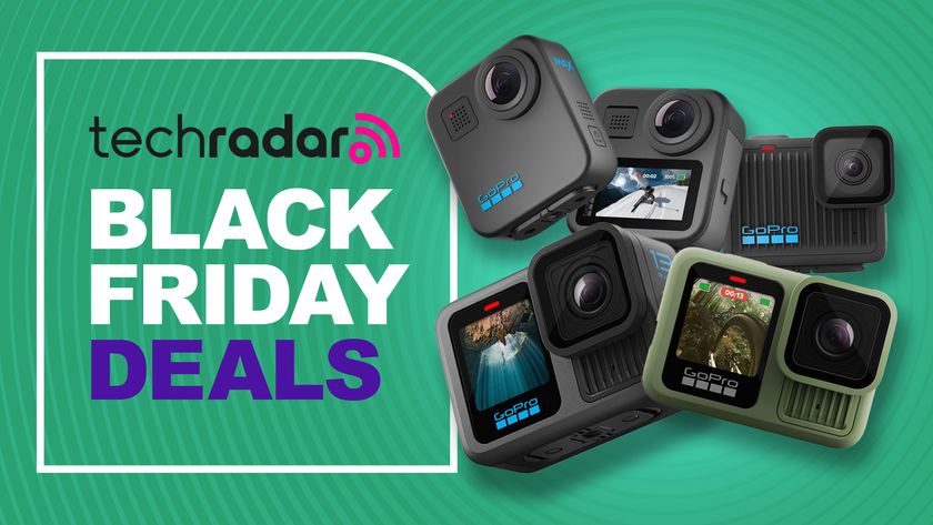 Collection of GoPro action cameras on a green backdrop with black friday deals text overlay