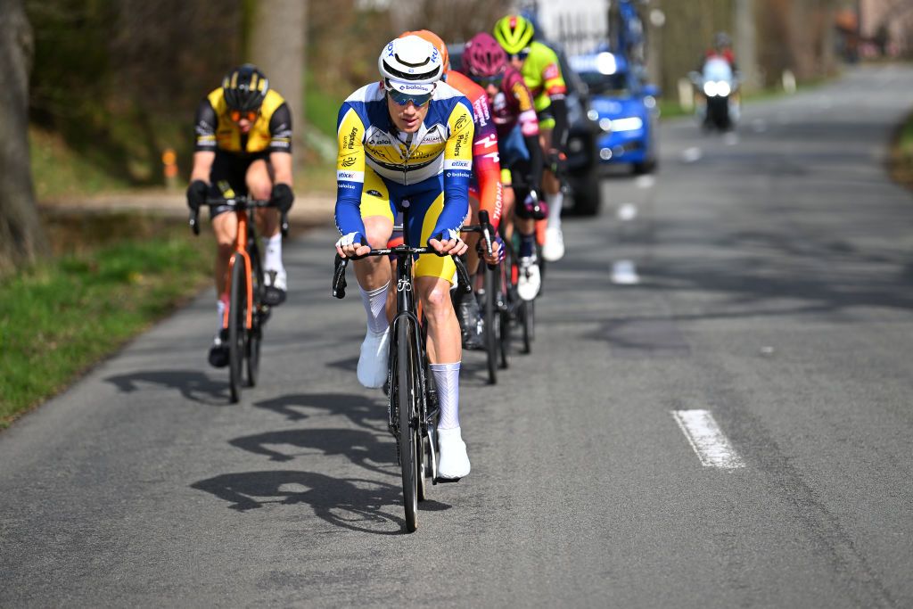 DEINZE BELGIUM MARCH 15 Alex Colman of Belgium and Team Flanders Baloise competes in the breakaway during the 77th Danilith Nokere Koerse 2023 Mens Elite a 1936km one day race from Deinze to Nokere DanilithNokereKoerse on March 15 2023 in Deinze Belgium Photo by Luc ClaessenGetty Images