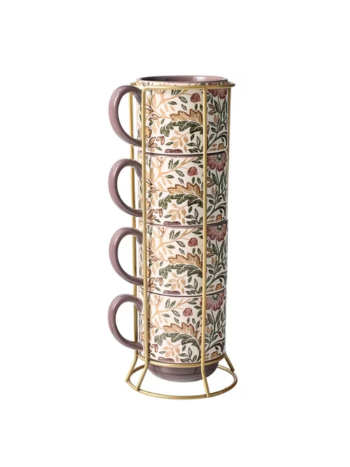 Edith Vine Floral 14 Oz Stoneware Stacking Mugs With Metal Storage Rack, 5-Piece Set