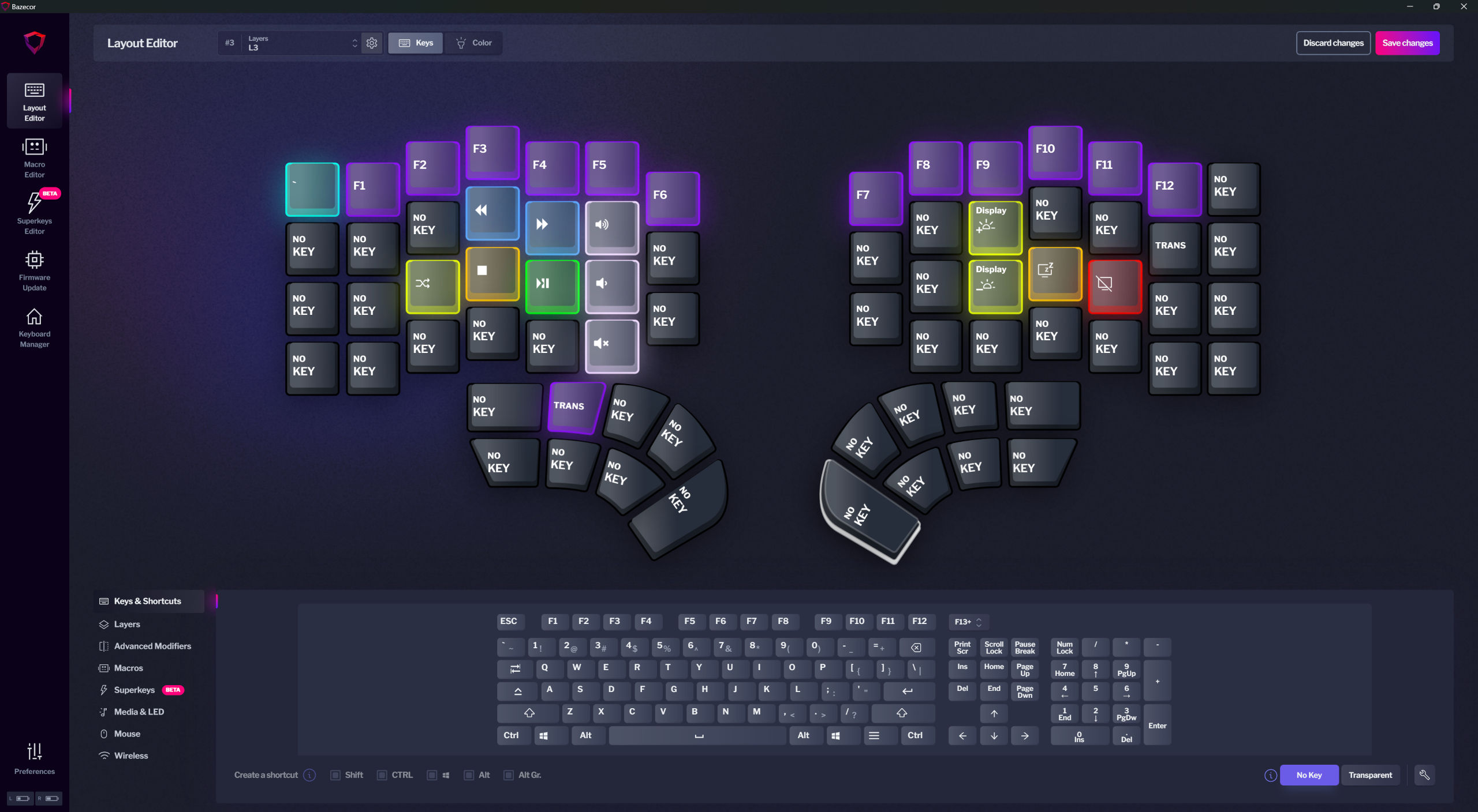 Screenshots of the Dygma Bazecor keyboard control application