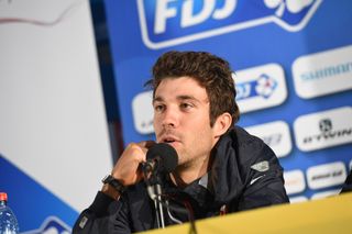 Thibaut Pinot answering questions from the press