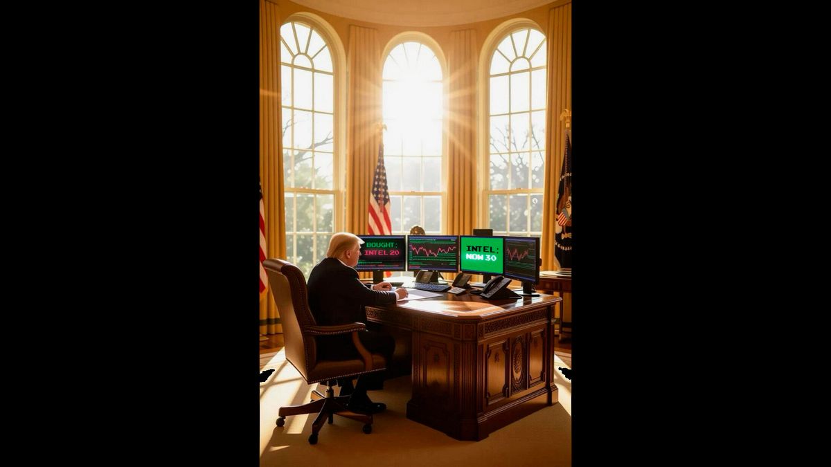 President Trump posts an AI-generated image of him trading Intel stock inside the White House — imaginary share was bought at $20 and sold at $30, reflective of real-world prices