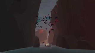 A screenshot of the game Dredge. A boat sits floating between two cliffs as ravens with glowing red eyes fly by.
