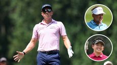 Main image of Ben Griffin starting to turn his palms up to the sky during round four of the 2025 BMW Championship and inset images of Ian Poulter (top right) and Akie Iwai (bottom right)