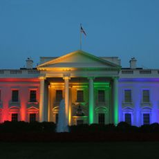 Rainbow-coloured lights shine on the White House to celebrate today's US Supreme Court ruling in favor of same-sex marriage, Washington, DC, June 26, 2015. Today the high court ruled 5-4 that the Constitution guarantees a right to same-sex marriage in all 50 states. (Photo by Mark Wilson/Getty Images)