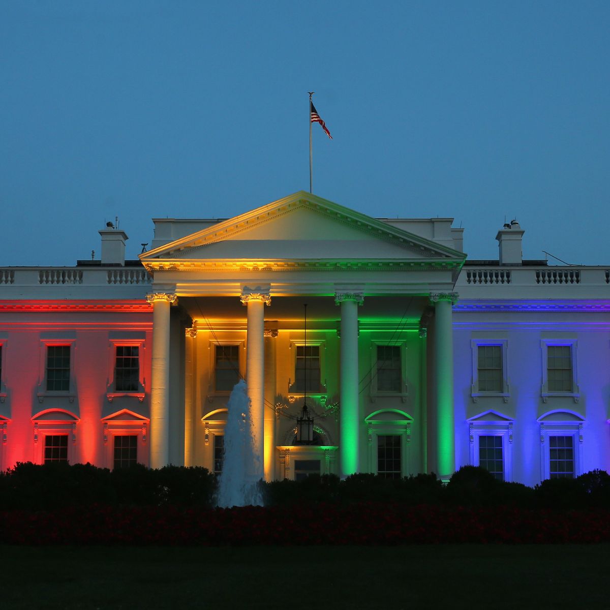 Rainbow-coloured lights shine on the White House to celebrate today&#039;s US Supreme Court ruling in favor of same-sex marriage, Washington, DC, June 26, 2015. Today the high court ruled 5-4 that the Constitution guarantees a right to same-sex marriage in all 50 states. (Photo by Mark Wilson/Getty Images)