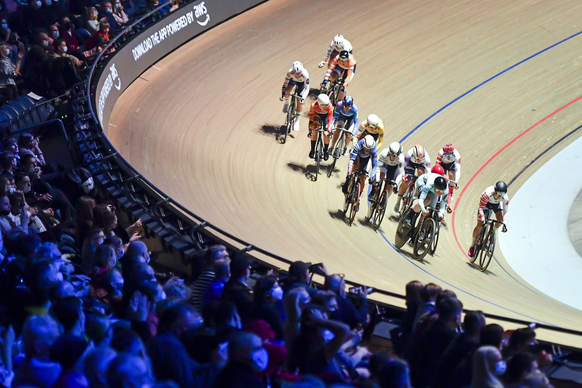 Picture by Will Palmer/SWpix.com - 27/11/2021 - Cycling - UCI Track Champions League Round 2 - Lithuania / Cido Arena, Panev&Auml;&Aring;&frac34;ys, Lithuania - A general view (GV) of the women's Scratch race final at the UCI Track Champions League in Lithuania.