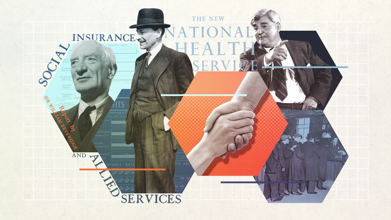 Illustration of Clement Atlee, Nye Bevan, William Beveridge