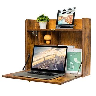 Kzhome Wall Mounted Table Multifunctional Folding Wall-Mounted Laptop Desk Writing Table With Storage Shelves for Home Office, Rustic Brown