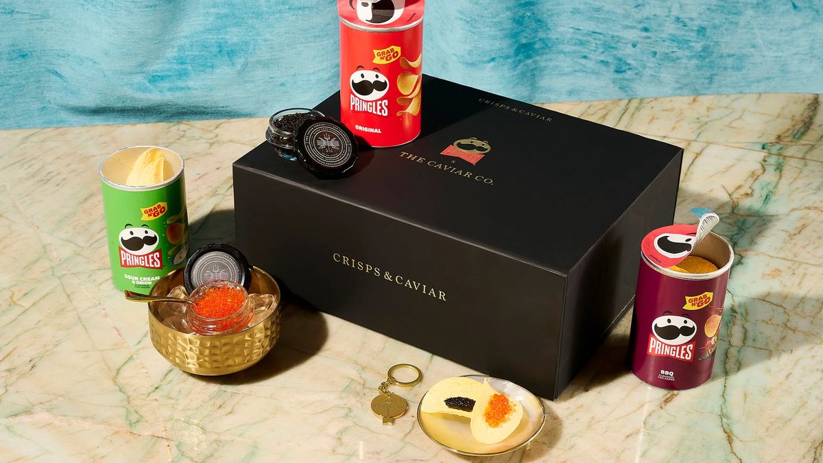 Pringles x The Caviar Co. set with various Pringle pots, caviar and caviar utensils