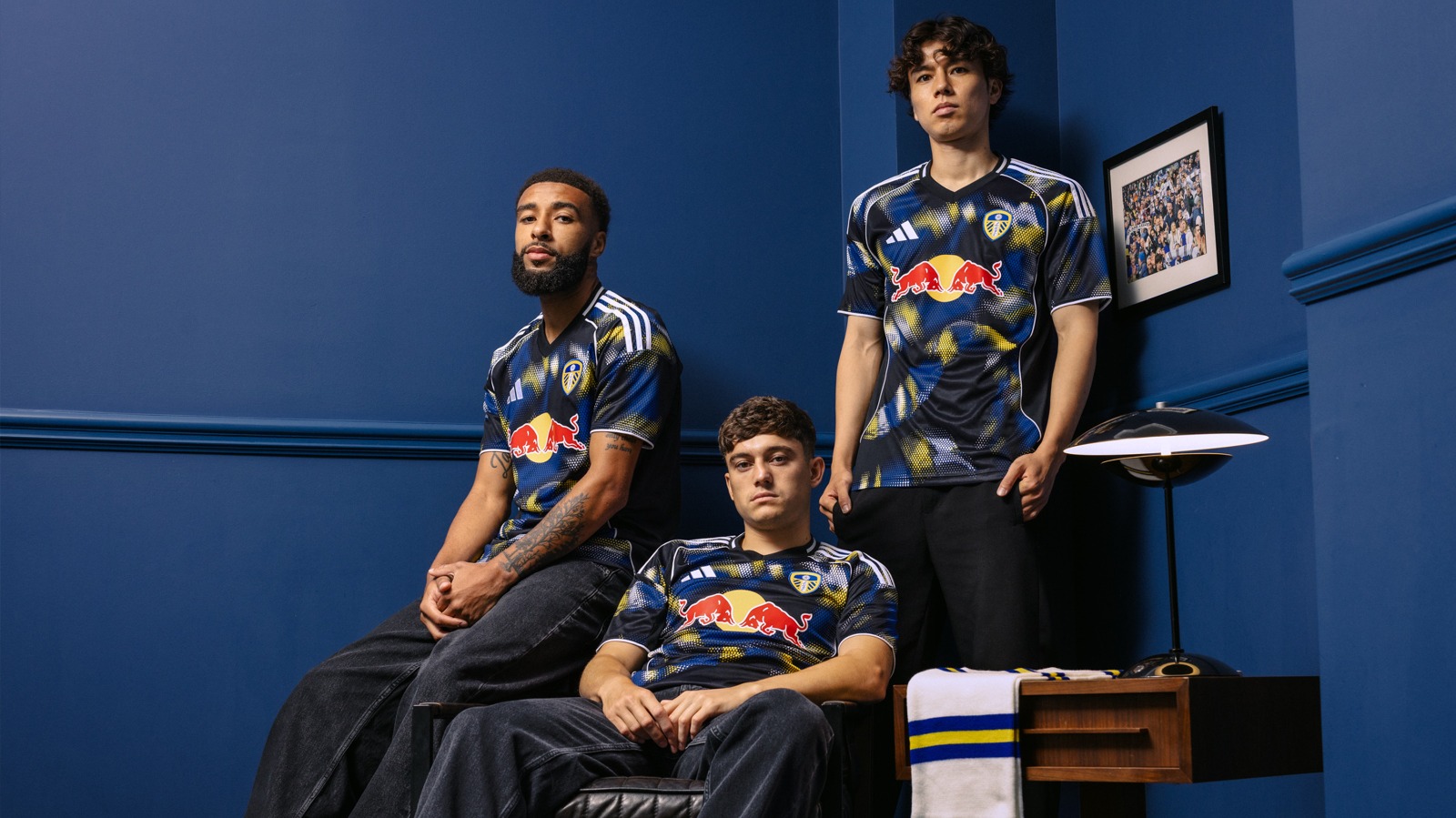 (R to L) Jayden Bogle, Dan James and Ao Tanaka model the new Leeds third shirt