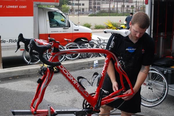 The Bissell team mechanic Ben Oliver preps Andy Jacques-Maynes Pinarello Dogma.