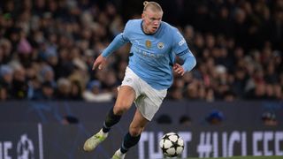 Erling Haaland of Manchester City in action during the UEFA Champions League 2024/25 League Phase MD5 match between Manchester City and Feyenoord at City of Manchester Stadium on November 26, 2024 in Manchester, England.