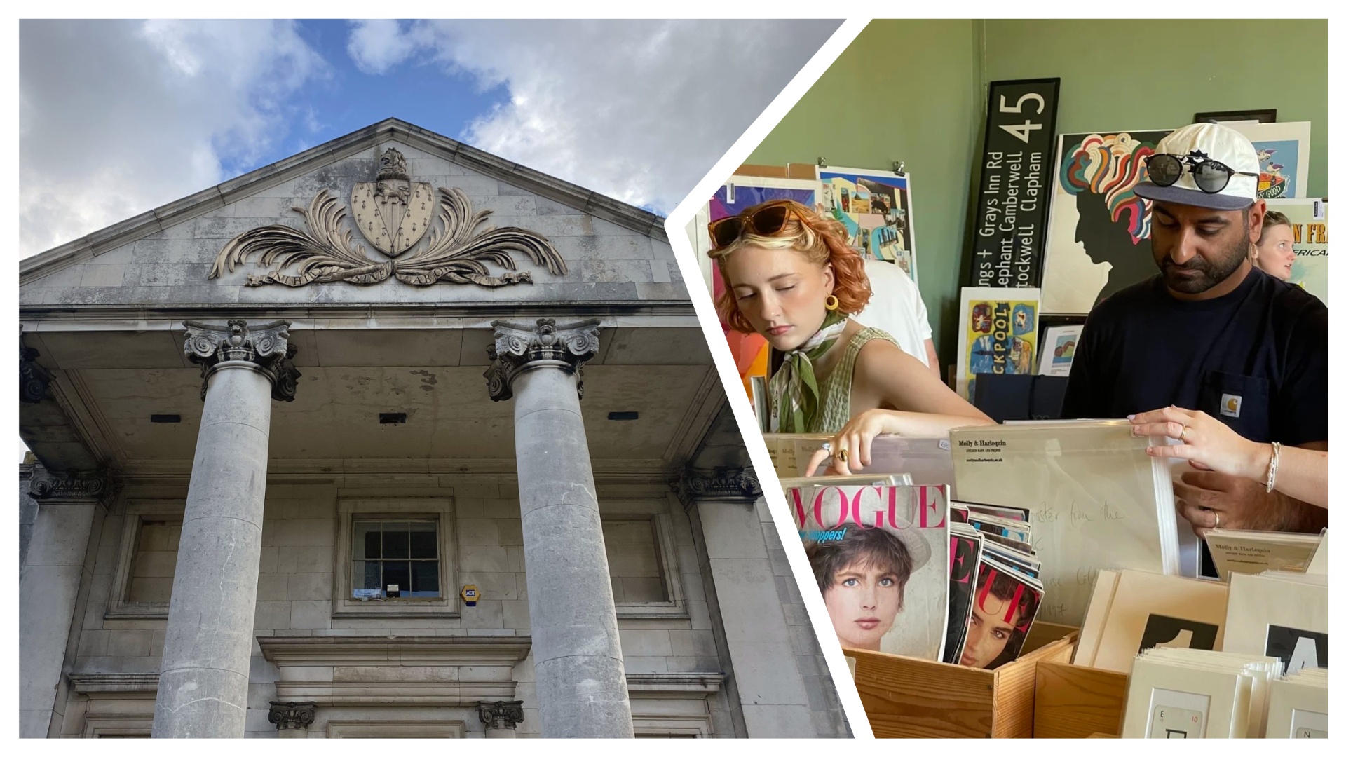 Beckenham Place Mansion and a man looking through a box at a market 