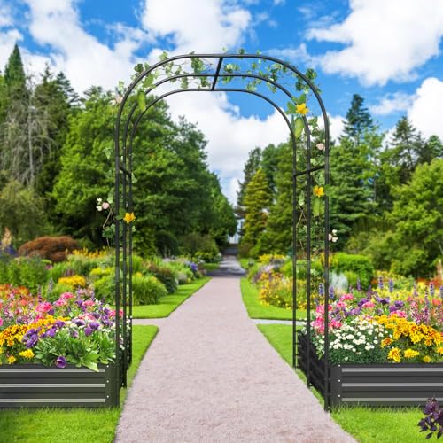 Sunyrisy Galvanized Raised Garden Bed With 87" H Arch Trellis for Climbing Plants Outdoor, Large Metal Planter Box With Netting for Gardening Flowers Vegetables Fruit, Black