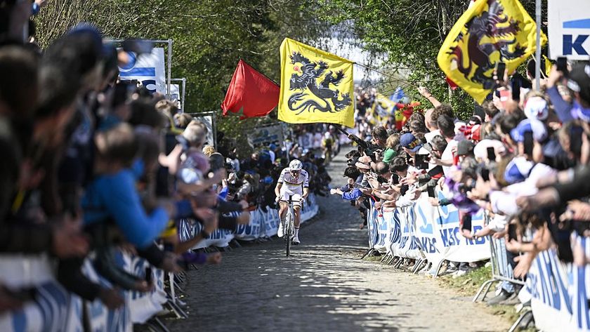 UAE Team Emirates' Slovenian rider Tadej Pogacar competes in the men's race of the Tour of Flanders one day cycling race, 268,9km from Brugge to Oudenaarde, on April 6, 2025. (Photo by Jan DE MEULENEIR / Belga / AFP) / Belgium OUT