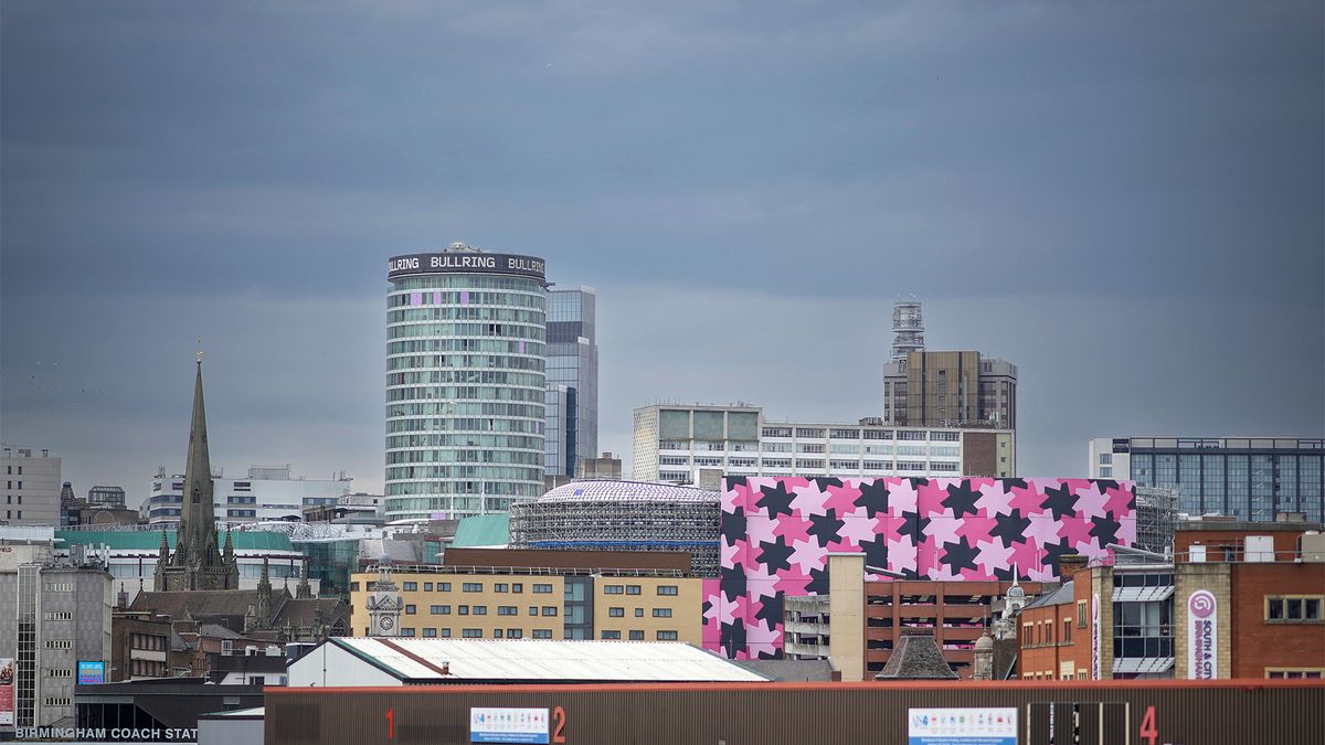 Skyline of Birmingham city centre, which is set to house the new Bruntwood SciTech business hub, with cloudy skies in the background.