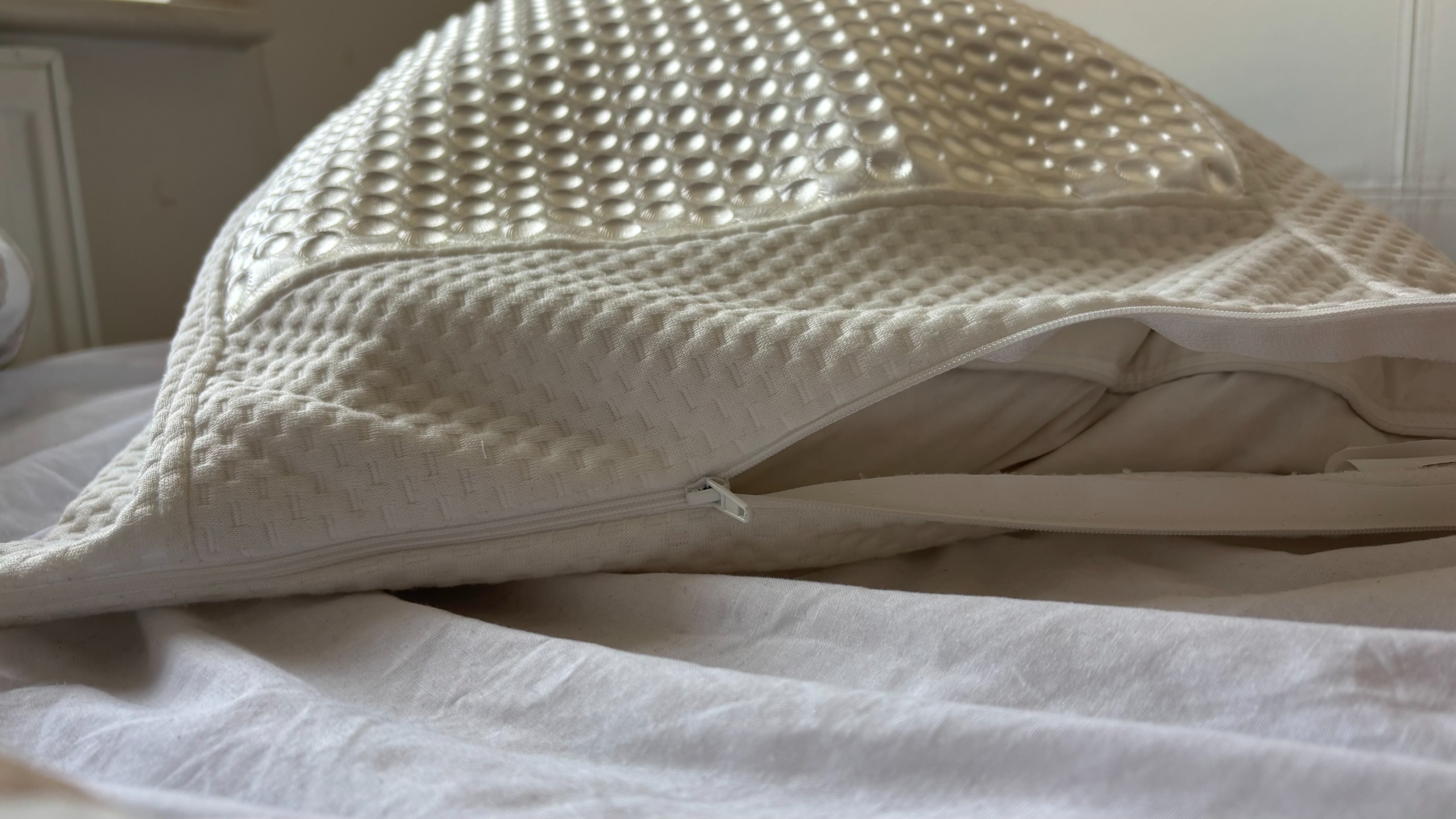 A zip-up pillow protector encasing a pillow.