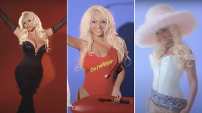 Beyonce dresses up in Pamela Anderson&#039;s red Baywatch swimsuit, the actress&#039; Barb Wire outfit, and in her famous pink fluffy hat