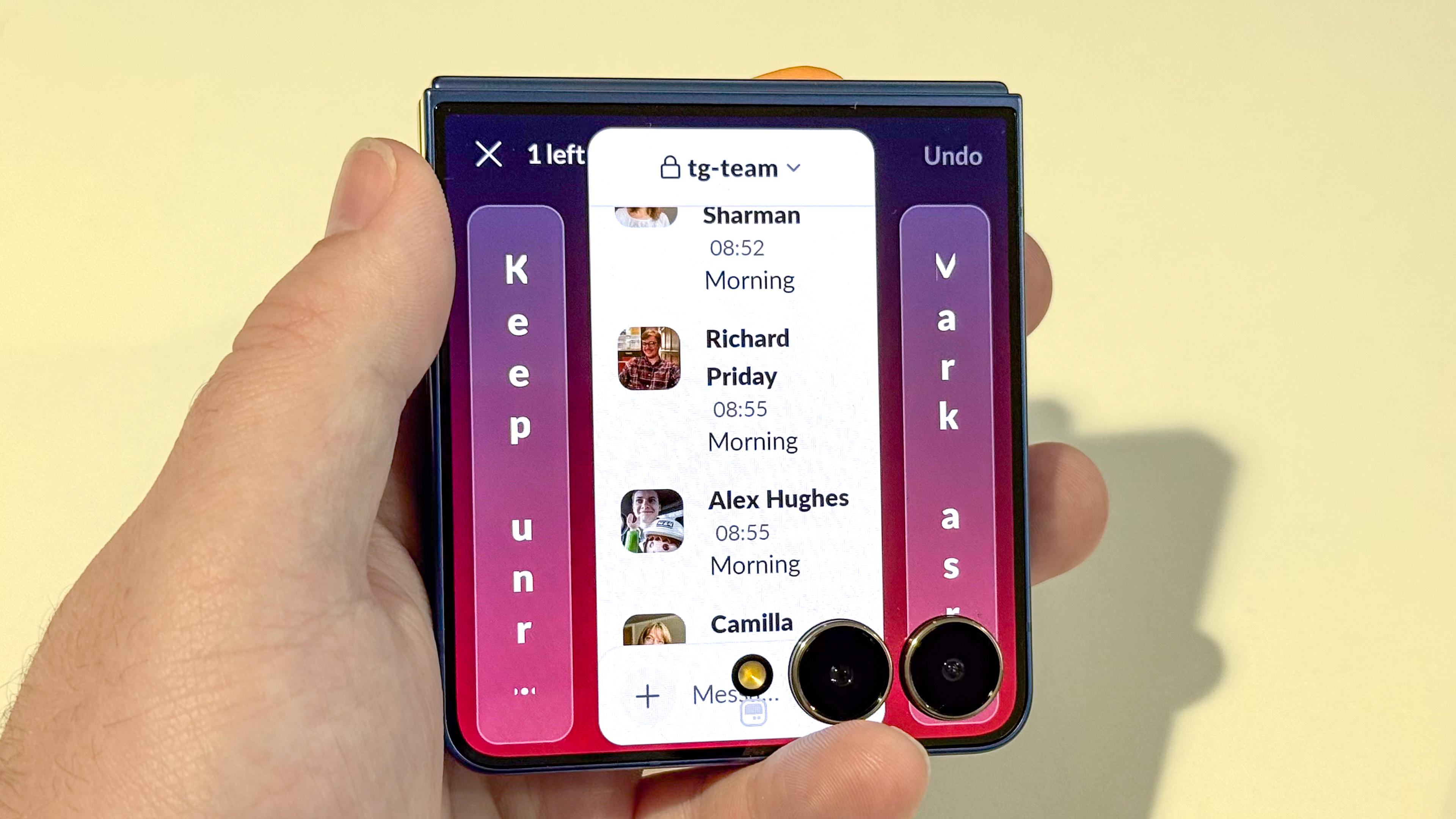 Samsung Galaxy Z Flip 7 using Slack on the cover screen, with odd aspect ratio