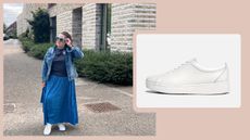 Rivkie Baum in FitFlop Rally trainers and a cut out of FitFlop white Rally trainers