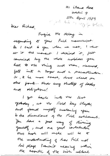 An extract from a handwritten letter from Seamus Heaney to Richard Pine © Alamy Stock Photo