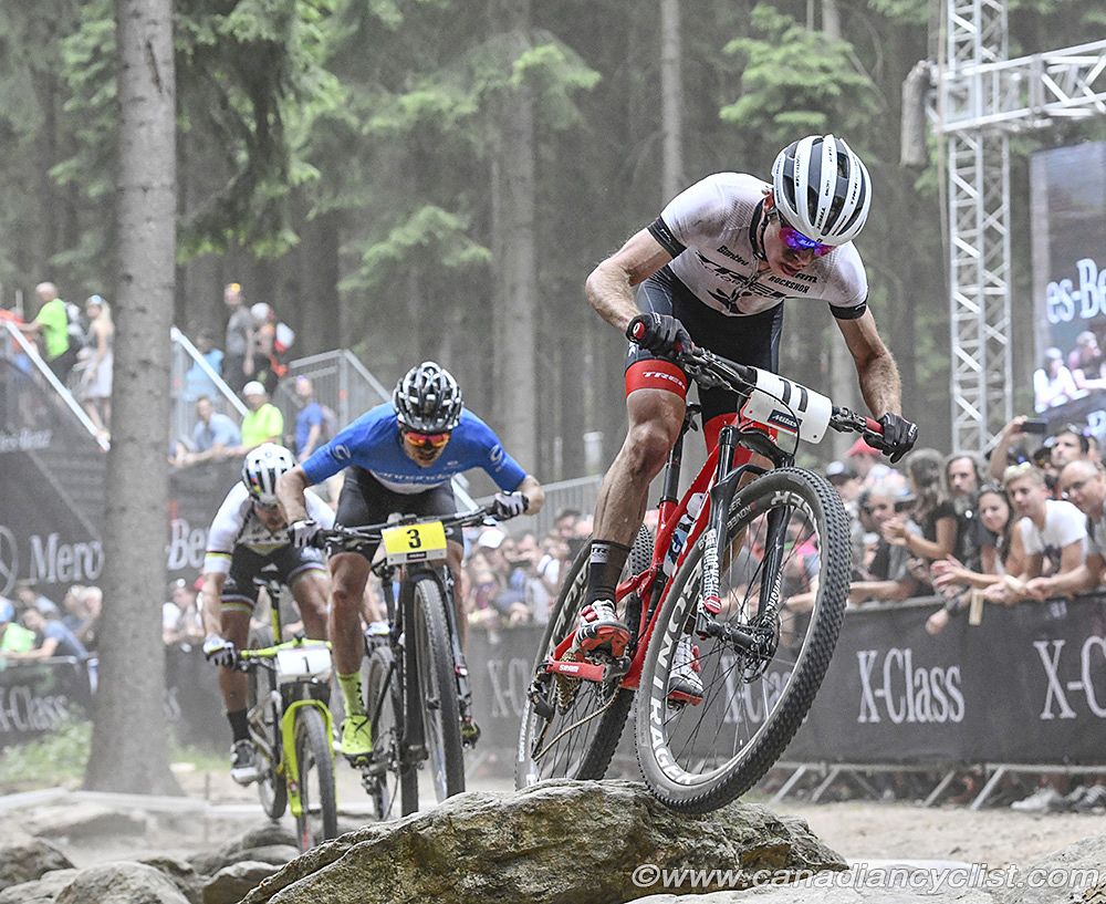 Anton Cooper (Trek Factory Racing XC) leading Maxime Marotte (Cannondale) and Nino Schurter (Scott-SRAM)