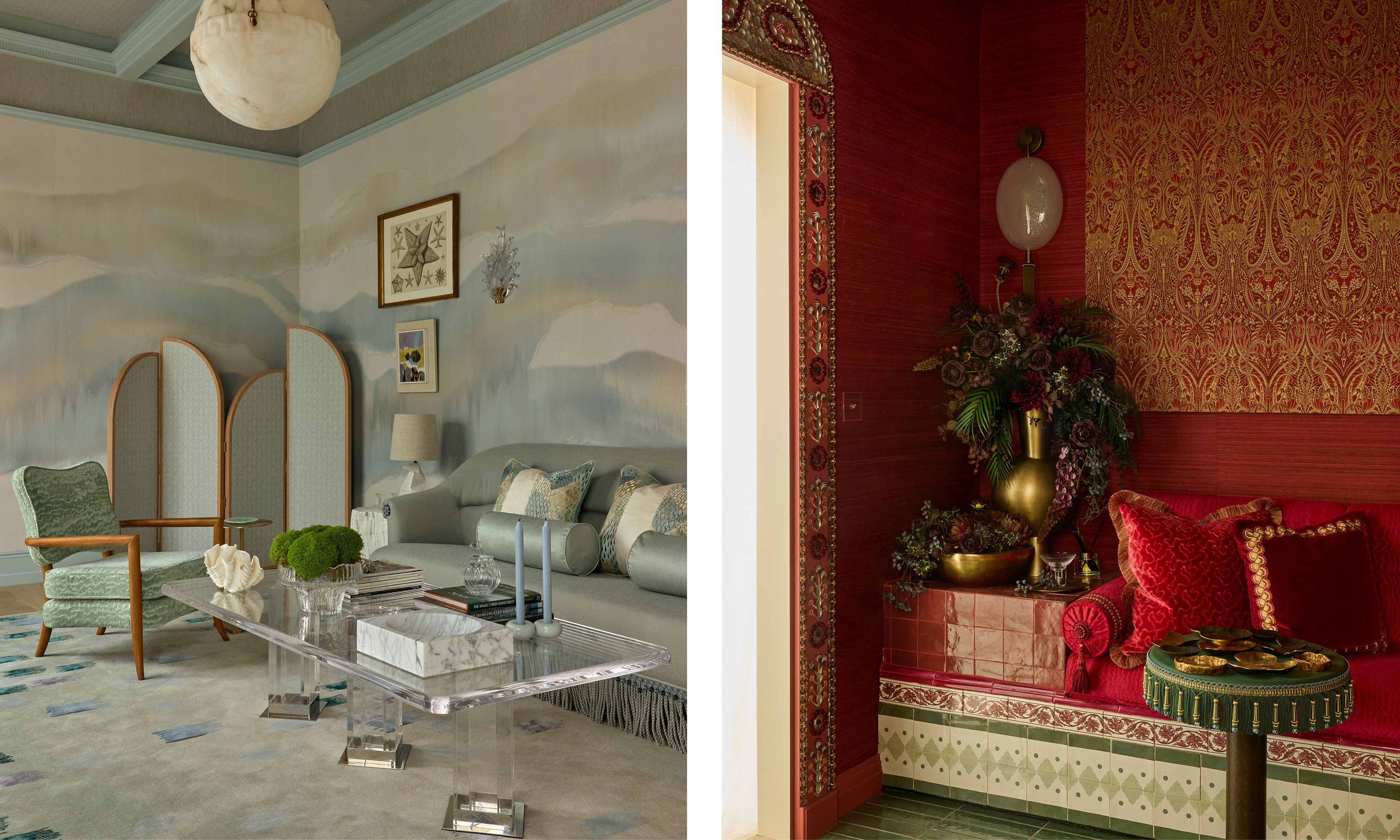 Side-by-side rooms: the left features a serene, muted blue and grey interior with a wavy mural, glass coffee table, and folding screen; the right shows a rich red room with gold ornate patterns.