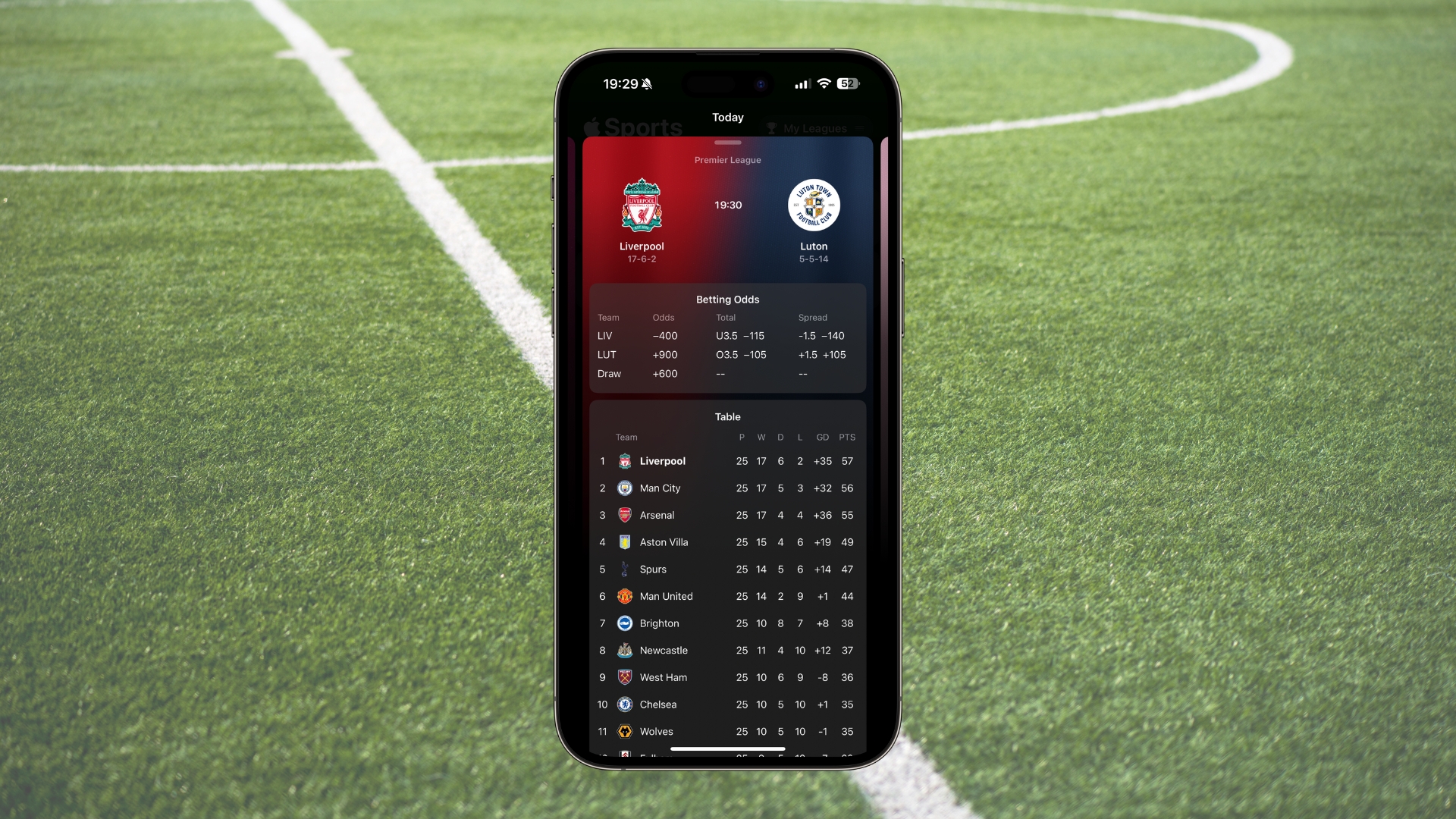 Apple Sports on an iPhone 15 Pro Max frame with a football pitch as background