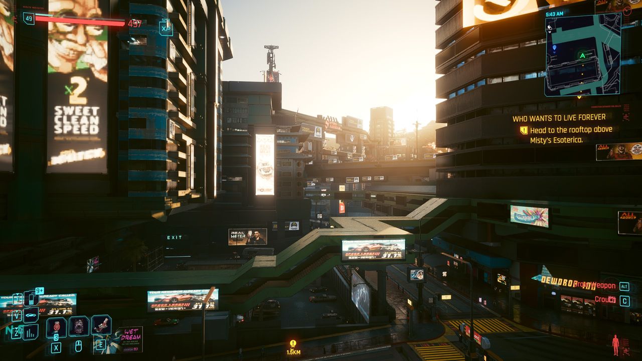 Screenshots of an urban scene in Cyberpunk 2077.