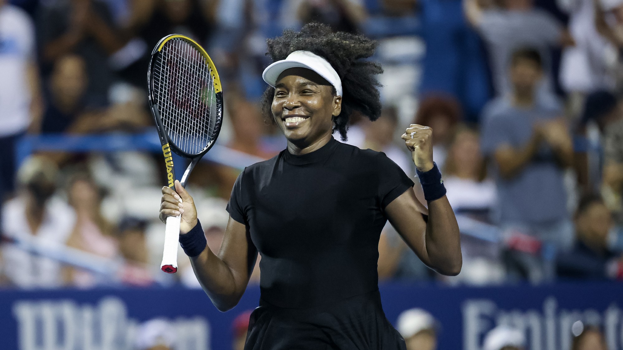 Venus Williams celebrates after winning against Peyton Stearns at the Washington Open