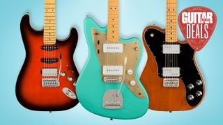Three Fender guitars on a blue background