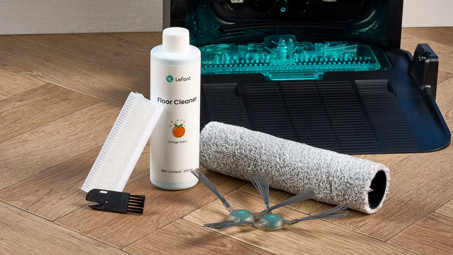 Accessories for the Lefant M210 Pro OMNI photographed in front of a blue background